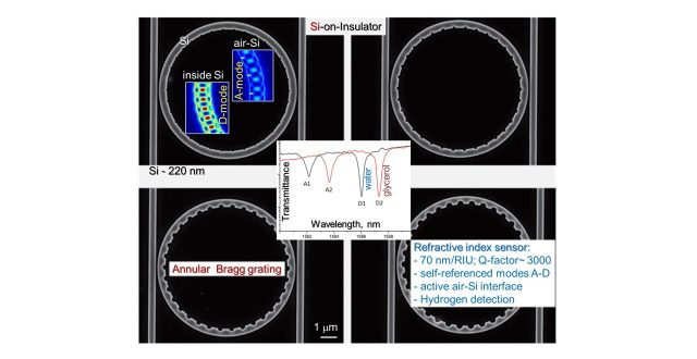 Micro-ring resonator is designed for a robust detection of environment changes at telecom spectral range. Potential use: hydrogen and virus detection
