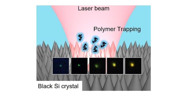 Laser tweezers on nano-textured black-Si are used for colorimetric Blue-to-Yellow control of fluorescence