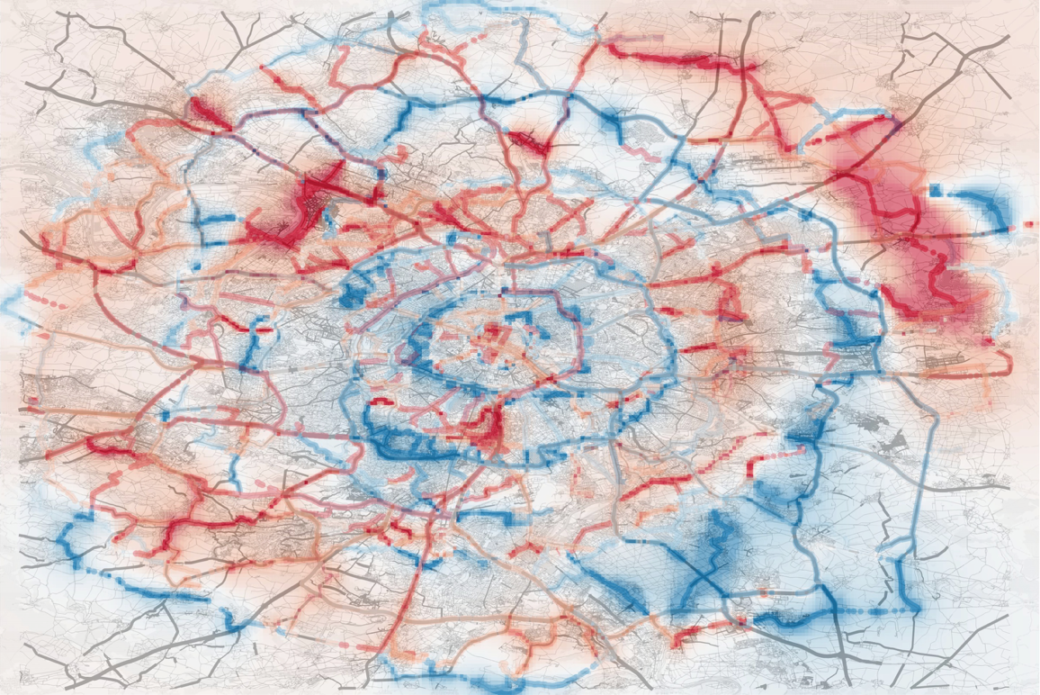 The “inness” pattern of Paris. In blue regions, travel paths tend to go away from the city center; in red regions they go inwards towards the city center.<br />From: M Lee, H Barbosa, H Youn, P Holme, G Ghoshal, Morphology of travel routes and the organization of cities, Nature Communications 8, 2229 (2017).